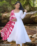 White Georgette fancy gown with digital printed dupatta, perfect for Indian ethnic wear, festivals, parties, or casual functions. Ideal dress for women in sizes S-XXXL