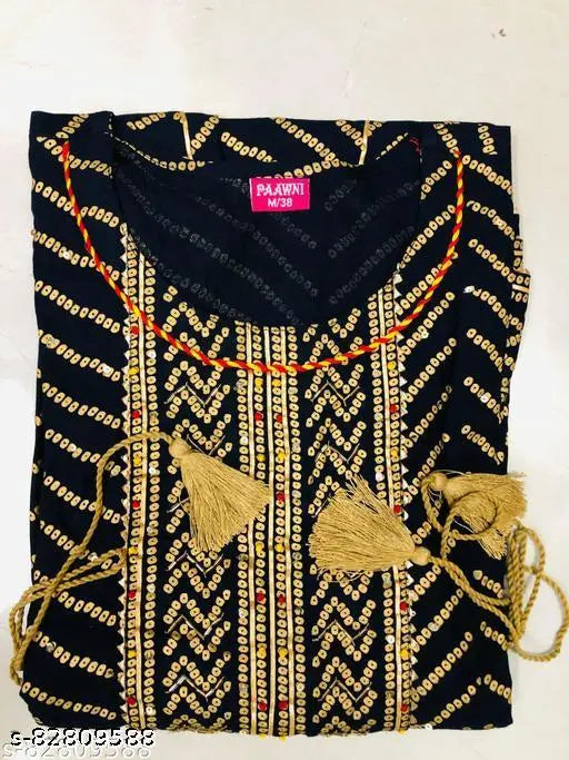 Gold embroidered rayon Anarkali kurta with tassels and latkans, PAAWNI Women's traditional fashion for functions, festivals, parties, weddings