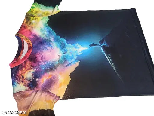3D galaxy printed poly blend t-shirt, short sleeves, vibrant cosmic pattern, men's size M to XXL