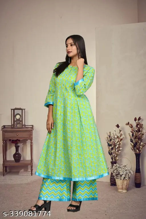 Parrot Rama Cotton Dress0101, Indian pure cotton kurta palazzos with 3/4 sleeves, box pleats, and round neck, available in S, M, L, XL, XXL sizes