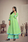 Parrot Rama Cotton Dress0101, Indian pure cotton kurta palazzos with 3/4 sleeves, box pleats, and round neck, available in S, M, L, XL, XXL sizes