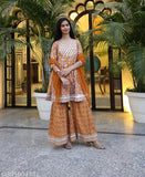Mustard rayon kurta sharara set, three-quarter sleeves, printed design, stitched net, India-made fashion for women