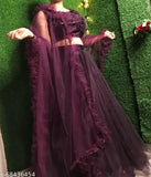 Grey jute-silk chaniya choli with net dupatta, featuring embroidery and ruffles. Semi-stitched lehenga (38" waist, 42" length) and free-size dupatta (2.5m length). Wine-colored lehenga choli with mirror work and beautyful sequence work. Indian bridal or partywear, Indo Western style