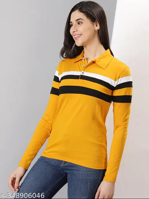 Cotton blend long sleeve yellow striped t-shirt for women, AUSK horizontal design, India origin