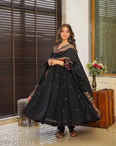 Cotton Anarkali Gown with Embroidered Dupatta and Plazoo Set, featuring slub cotton fabric with sequin work and Chanderi dupatta embroidery, perfect for small gatherings or functions. Length: 52