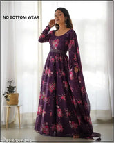 Purple Georgette Krishna-AA printed combo gown, long sleeves, vibrant floral print for Indian celebrations