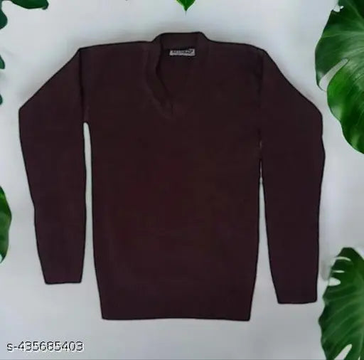 Boy coffee brown wool sweater, solid pattern for school uniforms, 4-12 years size range