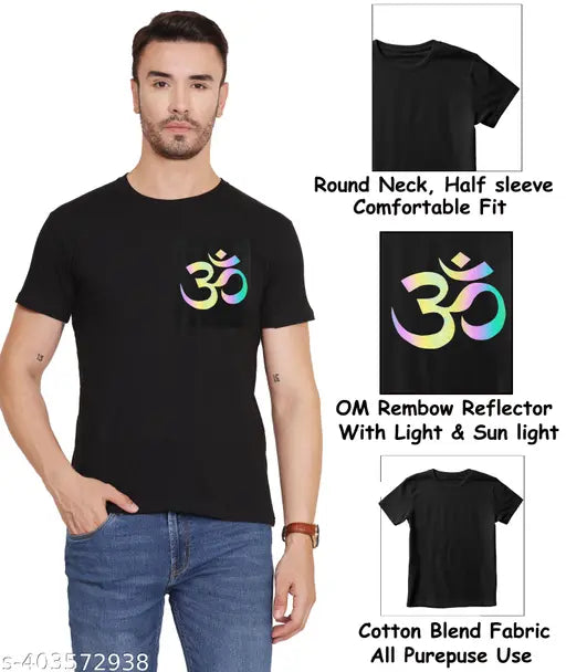 Black cotton blend Shiva Om Print T-Shirt for Men, casual and sporty with round neck and short sleeves, featuring patriotic kawad yatra design. Made in India