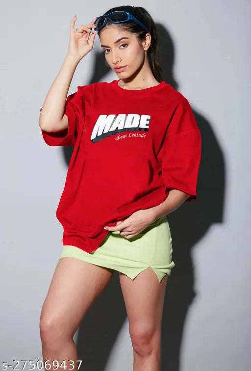 Oversized cotton-blend half sleeve drop shoulder t-shirt, vibrant print, women's fashion from India