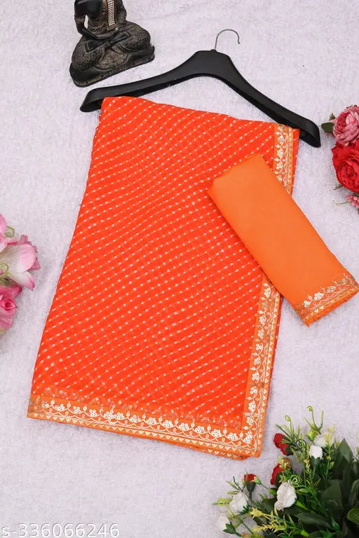 Georgette saree with mothra print, codding sequence embroidery, lace borders, free size, India
