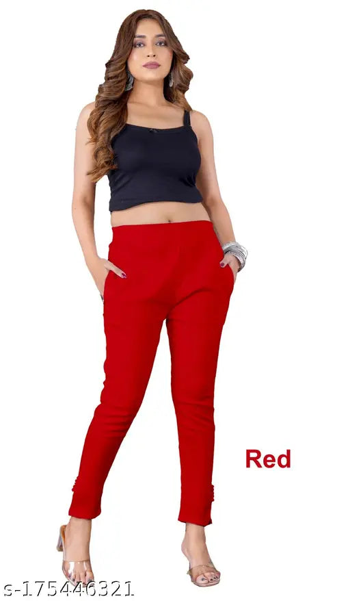 Red cotton lycra cigar pants, casual solid trousers for women and girls