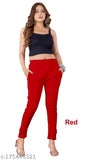 Red cotton lycra cigar pants, casual solid trousers for women and girls
