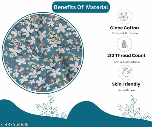 Grey Leaf 100% Pure Cotton Fitted Bedsheets, 2-Pillow Cover Set for Double Bed (210TC, 78x72+10) - Superfine Floral Print, Ideal for AC Room, Summer Occasion