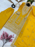Embroidered silk designer Kurta set with dupatta and plazzo, featuring heavy Chinnon silk, three-quarter sleeves, and elastic Plazzo. India origin