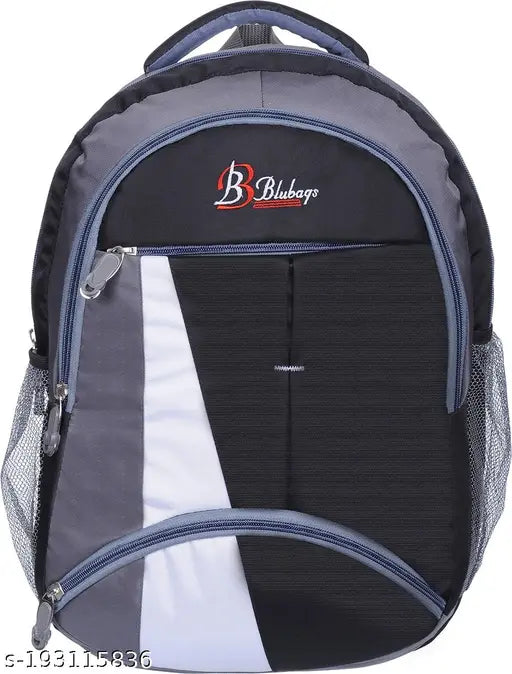 Black canvas backpack with waterproof blue water bottle, suitable for school and college use. Durable, comfortable design with padded adjustable straps and a zippered front compartment for stationery. Mesh bottle holder on side for hydration on-the-go. Made in India, free size