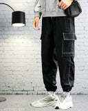 Black Lycra men's baggy jeans joggers, versatile zip cargo style for athleisure wear. Made from cotton and linen blends, perfect for workout sessions or casual outings. Available in sizes 28-34 (waist 28in, length 39in, hip 38in). Origin: India