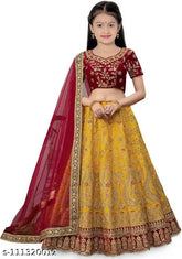 Girls Raw Silk Semi-Stitched Lehenga Choli and Dupatta set for Kids, made from taffeta satin silk with embroidery, perfect for ethnic wear or festive occasions