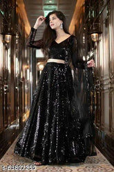 Embellished black net lehenga with moti work, semi-stitched for wedding and festive occasions. Length: 44in/2m dupatta and blouse included." (118 characters)