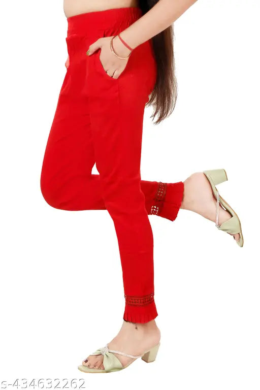 Trendy cotton blend solid pencil pant, lace panel, stretchable material, semi-formal for casual/office use, ankle length (L, XL, XXL) - India