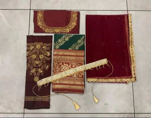 Latest Art Silk South Half Saree set, unstitched choli and net dupatta with embroidery work, Indian-made designer saree