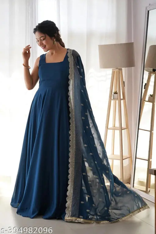 Sleeveless embroidered Georgette gown dupatta set, vibrant Indian bridal wear