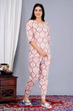 Light pink cotton printed night suit top and pyjama coord set, three-quarter sleeves, matching loungewear for women, cozy sleepwear, made in India