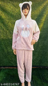 Warm woolen winter hood nightsuit with cute prints, featuring rabbit print and pockets for her, suitable for indoor and outdoor wear during winters