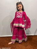 Red kids embroidered sharara set with dupatta and bottomwear, rayon fabric, three-quarter sleeves, pack of 3, sizes: 3-4 yrs, 5-6 yrs, 7-8 yrs, 9-10 yrs, 11-12 yrs, India origin