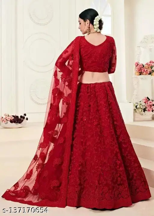 Silk and net embroidered Lehenga Choli, traditional Indian wedding party wear. Free size (waist 42 m, length 42 m, dupatta 2 m)