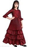 Maroon silk frock, three-quarter sleeve, embellished net, girls' gown dress, single size 7-8 years (India)
