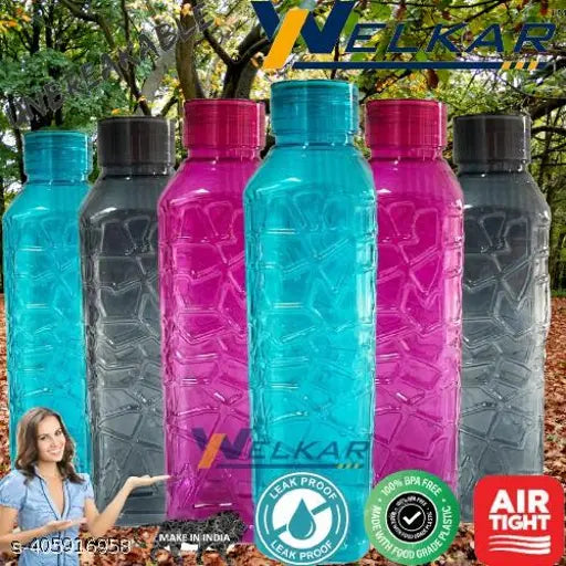 Blue plastic fridge water bottle set, space-saving design, leak-proof, BPA-free, for home, office, gym, school, picnic use