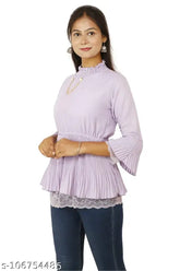 Stylish crepe three-quarter sleeve top, solid net, XS (bust size 32in), Indian apparel