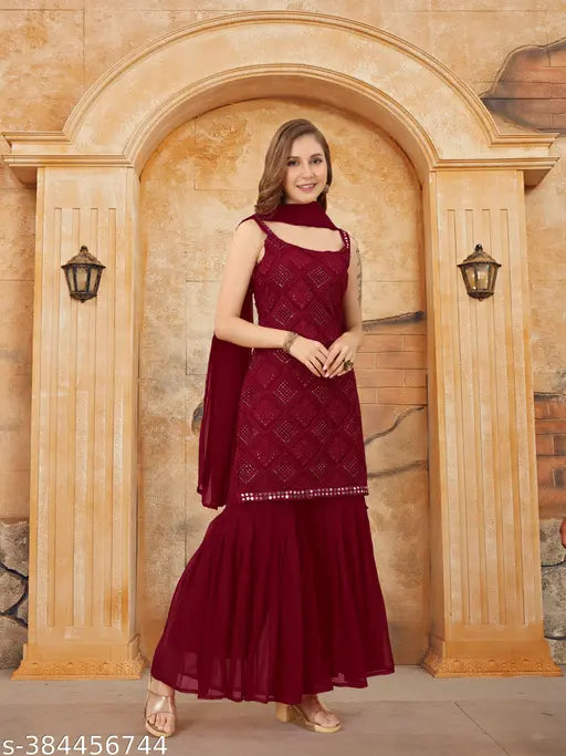 Georgette straight kurta sharara set with embroidered dupatta and bottomwear, pack of 3 in three-quarter sleeves, XS-M sizes, India origin