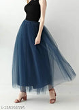 Designer trendy women's navy blue net solid skirt, floor-length with shantoon lining and elastic back, navy blue solid pattern, free size (waist 28-44in), India origin