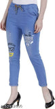 Trending light blue jegging with three color print, denim fabric, semi-stretchable, size 28/30, made in India