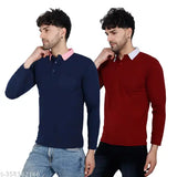 Multi-colored contrast collar cotton blend full sleeve men's t-shirt (2 pack M-XXL), versatile Indian-made fashion for casual outings