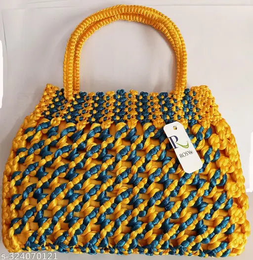 Acrylic rosy yellow handheld bag, embroidered net pattern, free size, Indian-crafted fashion accessory