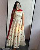 Red Heart Hand Block Print Cotton Gown with Georgette Dupatta, Indian ethnic wear for women in short sleeves