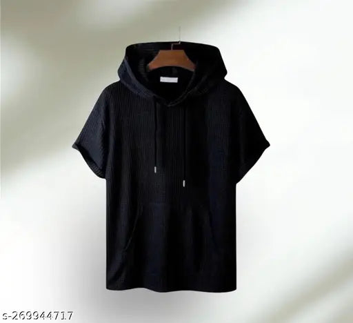 Black cotton checked hoodie for men, short sleeves, perfect fit and comfortable feel