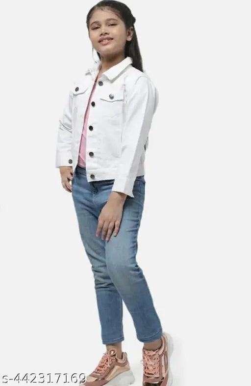 White cotton blend kid jacket, solid pattern for 5-6 years, long sleeves on display