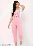 Pink cotton blend cat print jumpsuit with short sleeves and pant bottom, available in sizes XS, S, M, L