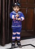 Shivarth blue woolen winter set: Multi-piece combo with sweater, skirt, coat, and pyjama pants for 1-2 year old girls & boys in printed net pattern