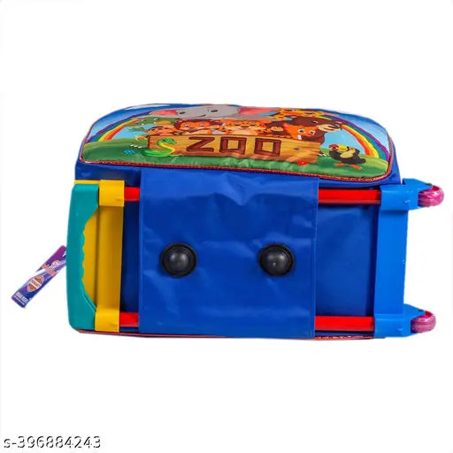 Blue polyester net Indian Riders kids travel suitcase with zoo animal design, lightweight and waterproof (30 L) for boys and girls. Trolley-style with adjustable padded shoulder straps and quality zippers