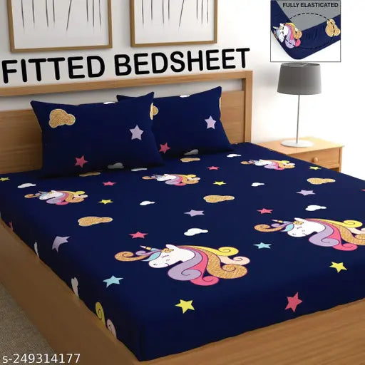 Unicorn-patterned microfiber fitted double bedsheet, ideal for adult heavy winter use, made by Baani Designer