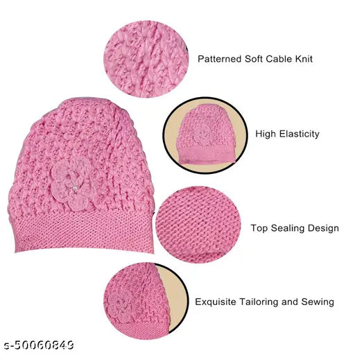 Pink, hand-knitted woolen beanie with flower design and fur lining, unisex winter cap