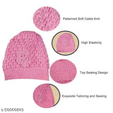 Pink, hand-knitted woolen beanie with flower design and fur lining, unisex winter cap