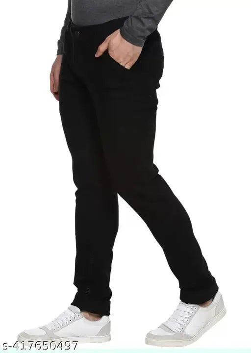 Comfy men's regular slim fit mid-rise black jeans, cotton, solid pattern. Experience all-day comfort in stylish denim. #TrendyJeans #Men'sFashion #SlimFitJeans #RegularFit #MidRiseJeans #BlackJeans #CasualWear #StylishDenim