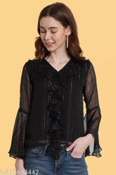 Black chiffon-poly striped ruffle sleeves top, long sleeves, black women's fashion, Indian-origin, casual/partywear