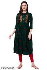 Stylish rayon leaf-embroidered kurti with flare, solid combo, three-quarter sleeves. Indian traditional women's fashion on mannequin