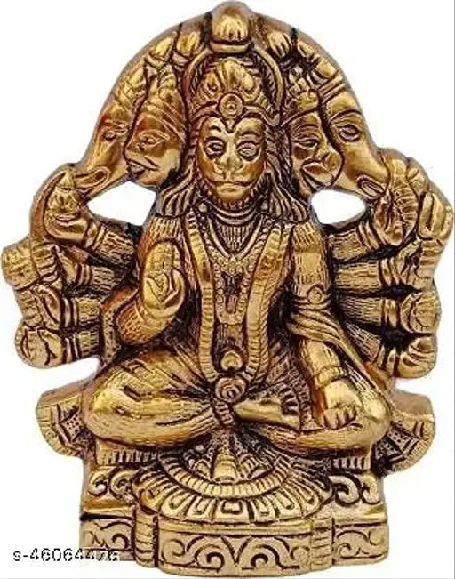 Panchmukhi Hanuman Idol, gold-plated with antique finish, traditional design for home, temple, office, or gifting. Size LBH105x3x125 cm, ideal for worship and decoration